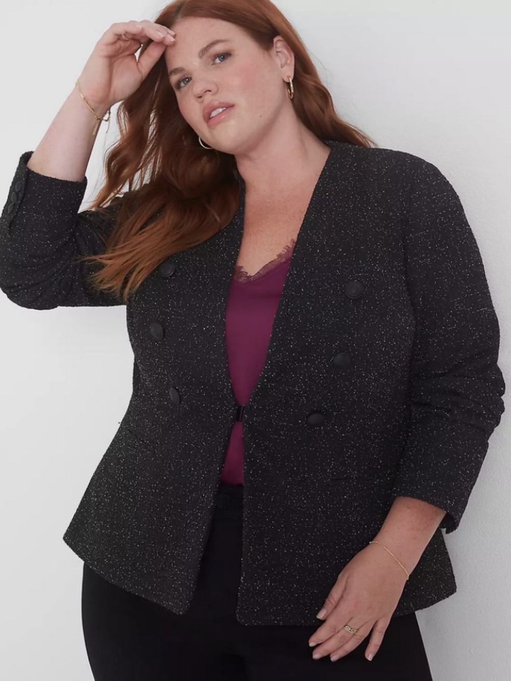 LANE BRYANT Plus Size Black Knit Tweed 
Metallic Thread Blazer